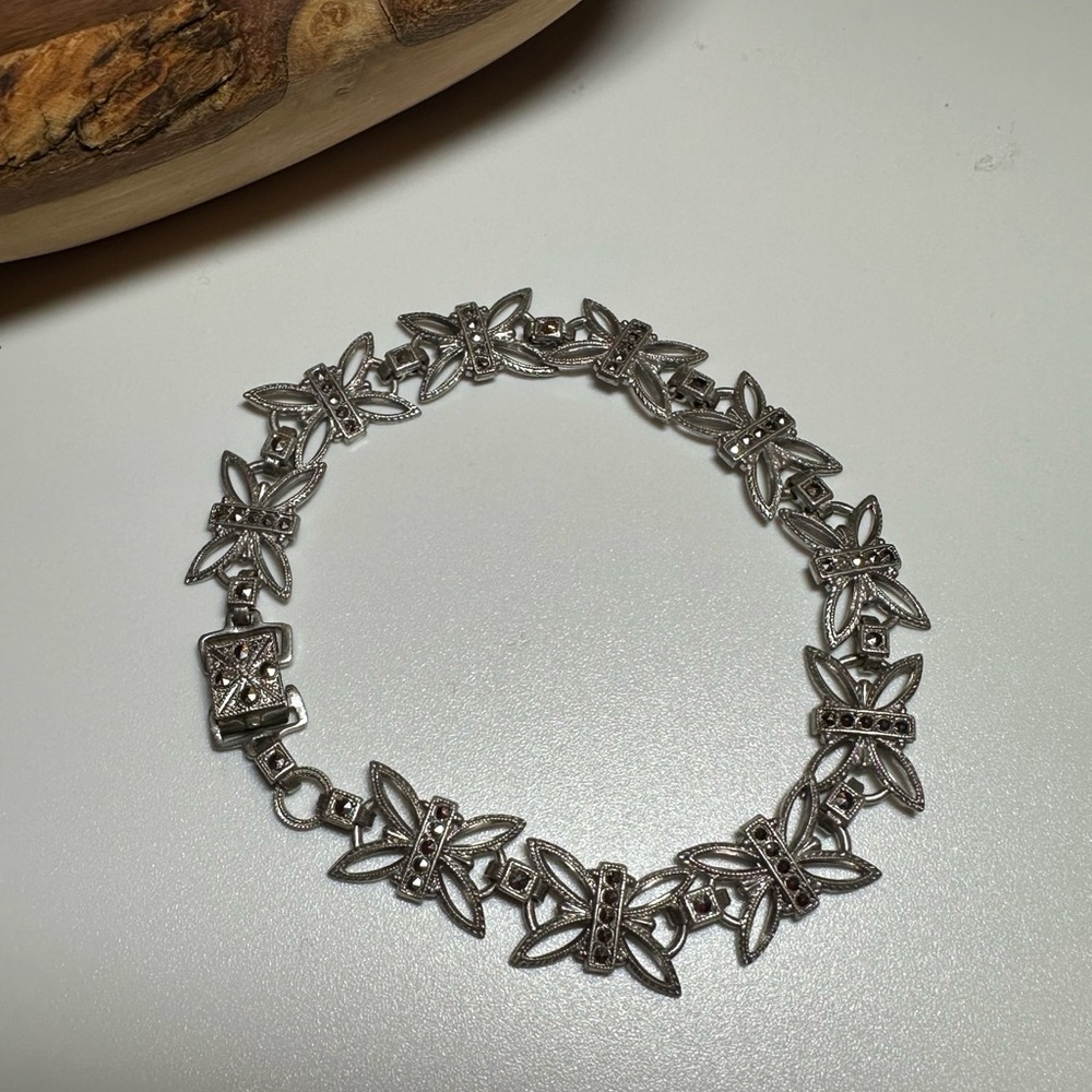 Vintage Sterling Silver Marcasite Butterfly Cross Link Bracelet